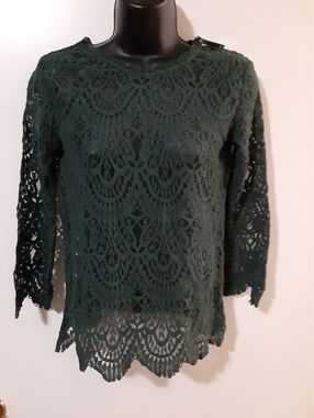 Zara Lace Top Green Sheer Crochet Scallop Hem Feminine Small